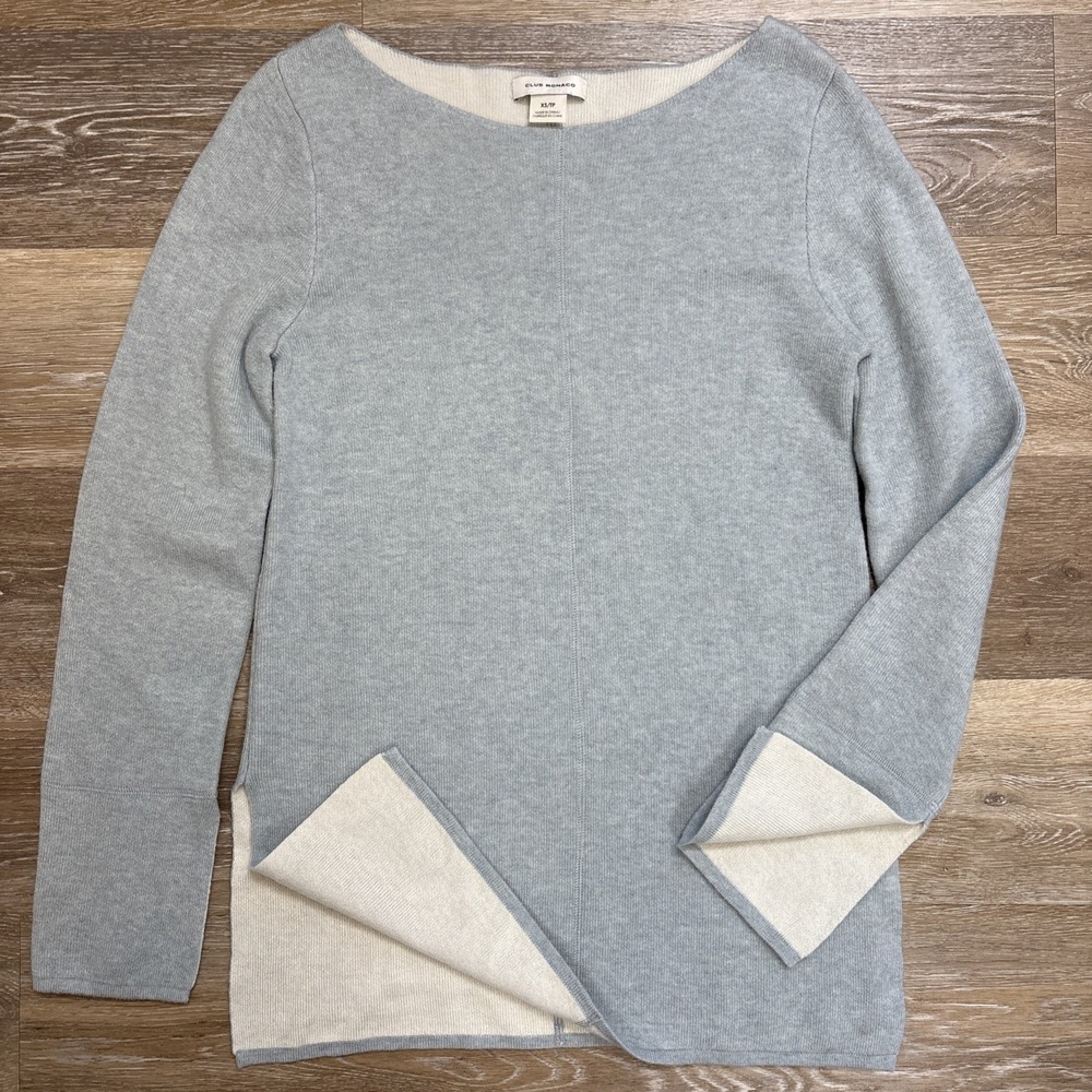 NEW Club Monaco Women's XS Light Blue Ivory Wool Alpaca Blend Knit Sweater